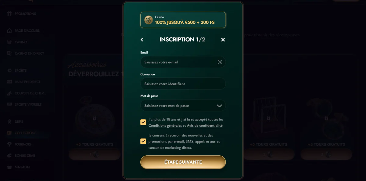 Inscription et création de compte joueur sur Cashed Casino